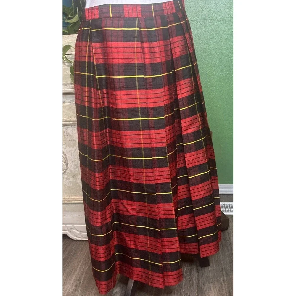 Vintage Tartan Plaid Maxi Raw Silk Texture Skirt Size 14 Holiday Formal Preppy